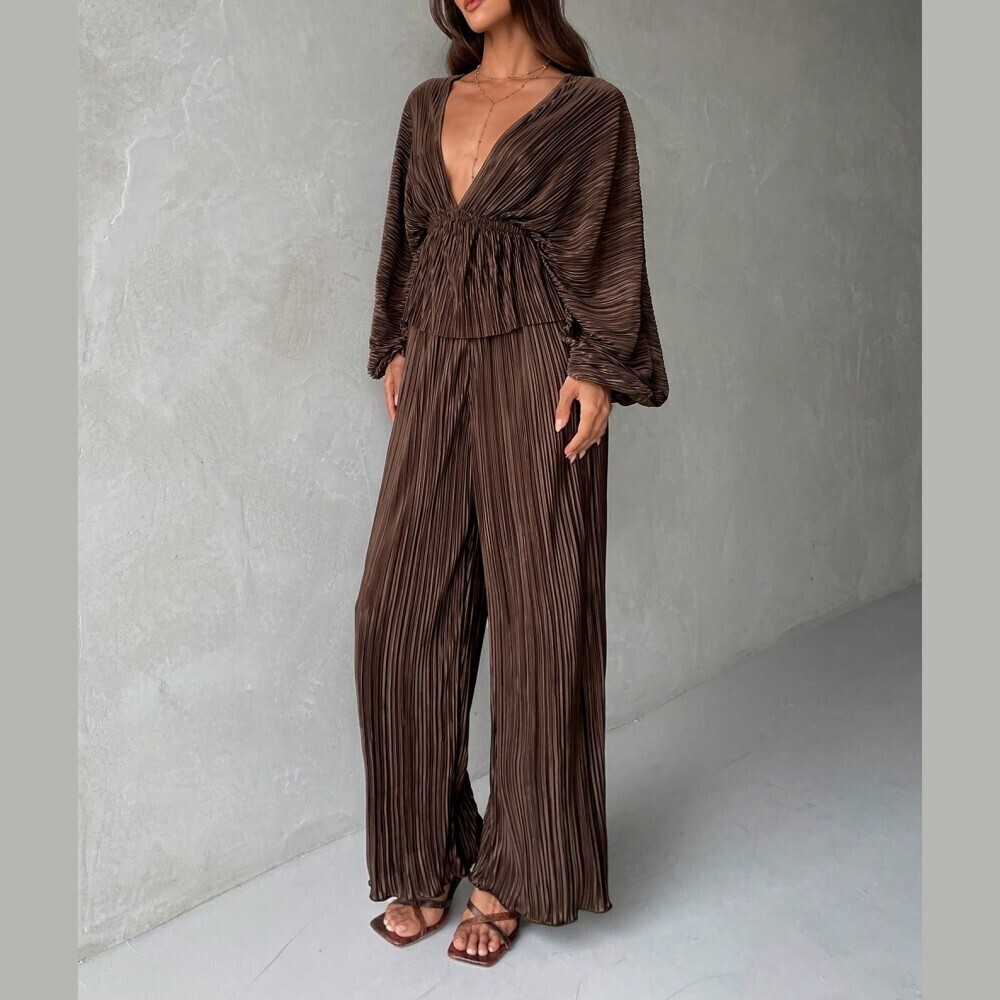 Brown Plisse Deep V Neck Batwing Sleeve Top and Wide Leg Pants Set